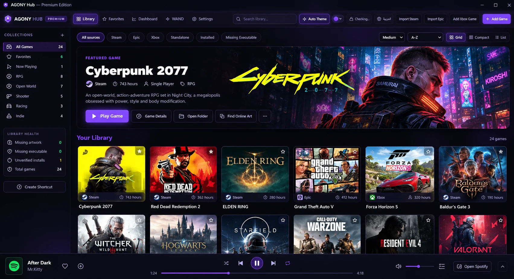 AGONY Hub Premium Edition showing its real game library interface, featured game banner, collections sidebar, game cards and Spotify footer