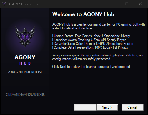 AGONY Hub v1.0.0 Installation Wizard Welcome Screen