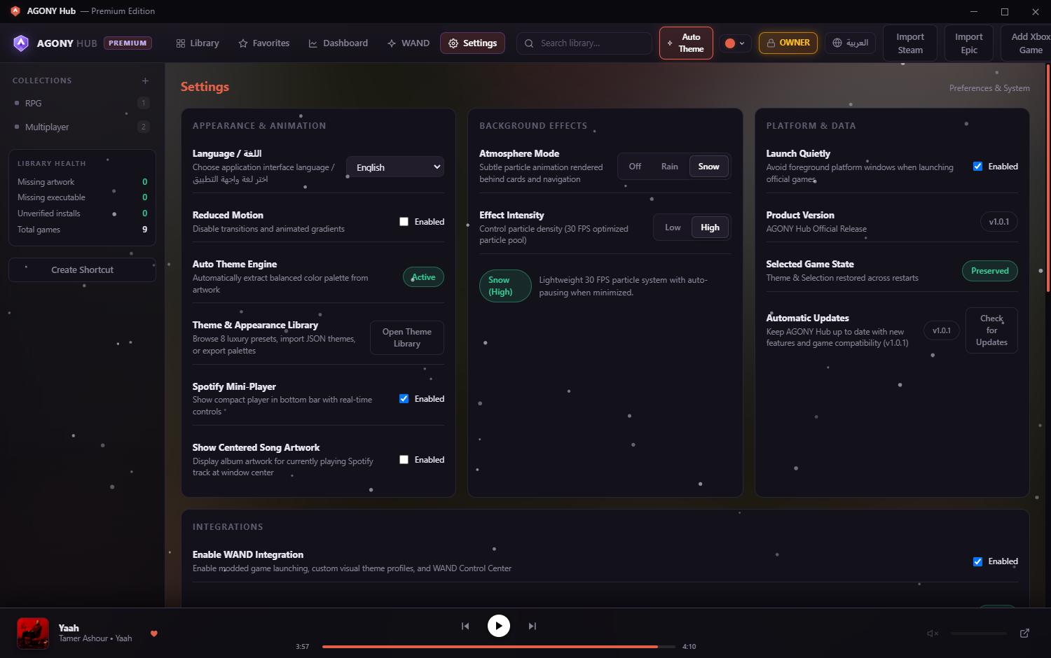 Settings view showing Spotify Media Integration card