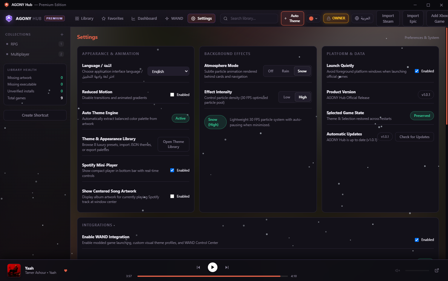 Settings Platform & Data section displaying Product Version v1.0.0